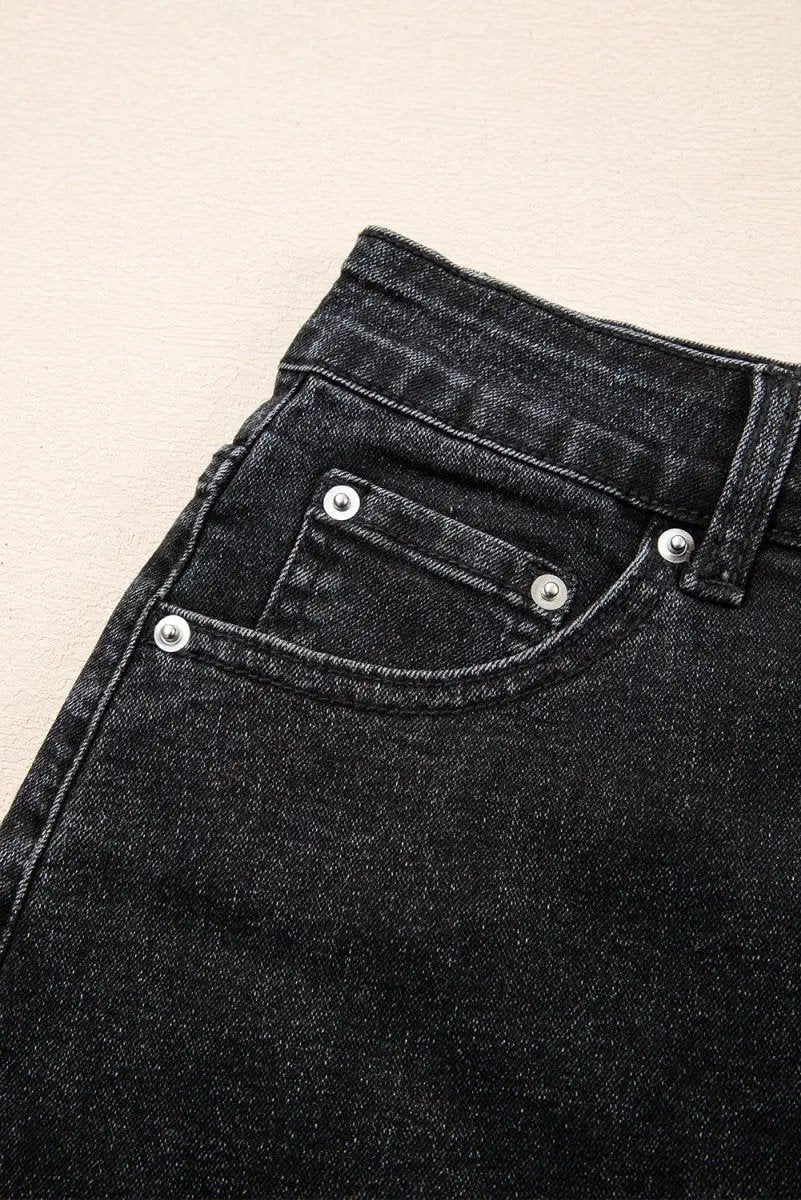 Carbon Grey Mineral Wash Ripped Raw Hem Denim Mini Skirt - Love Salve